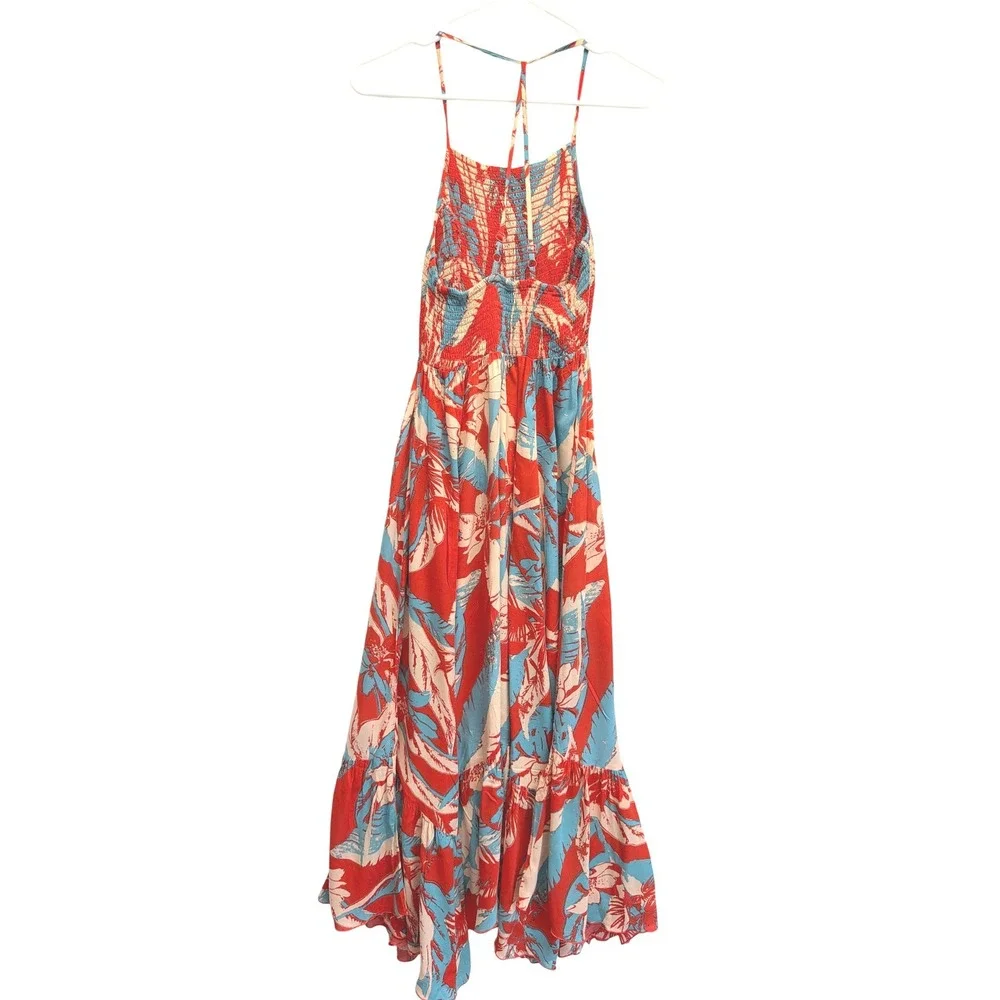 Free People Maxi Dress Smocked Floral Tropical Red Blue Women - Picture 7 of 12